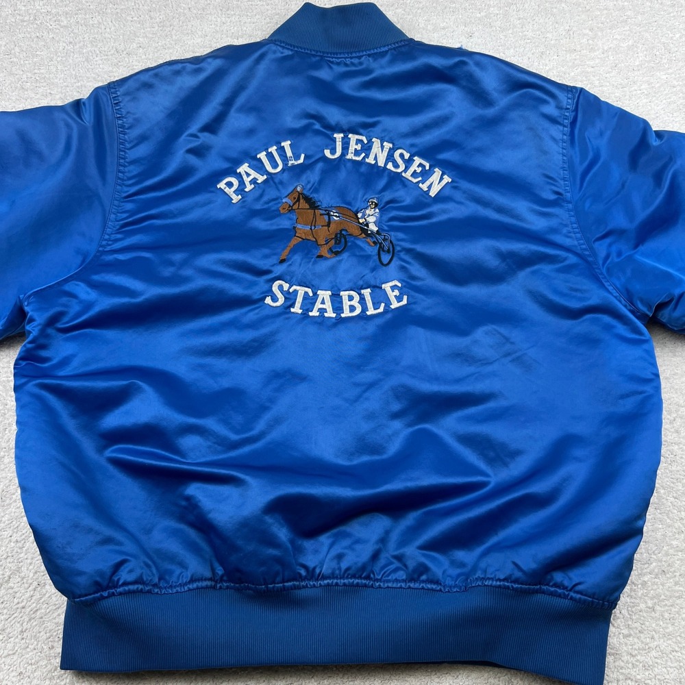 Vtg 90's Game Sportswear Paul Jensen Stable Satin Bomber Jacket Blue Men 2XL USA